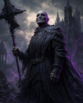 GRID THUMBNAIL — Armoured undead knight holding a jagged axe stands before ruined gothic cathedral, lit by purple lightning under a stormy sky, cloaked in tattered black.