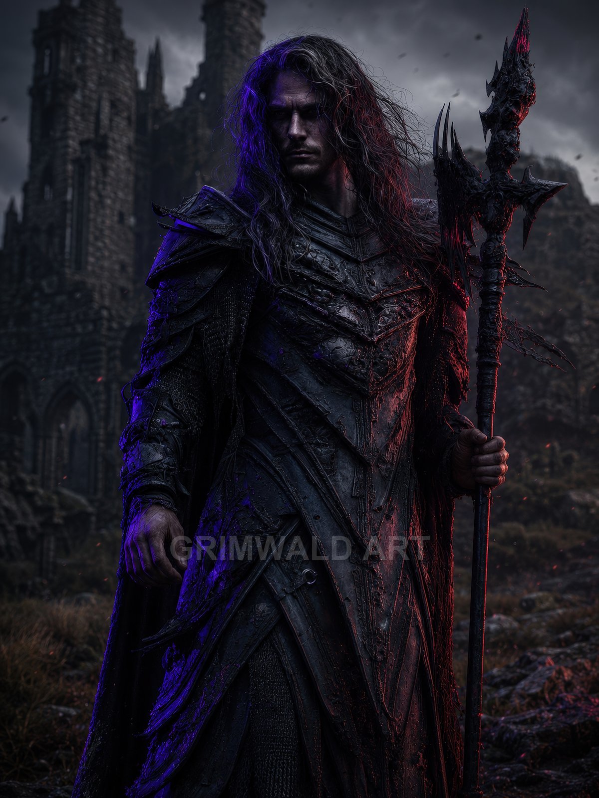 Armoured warlock with spiked staff before a crumbling gothic castle, lit by red and blue rim light under stormy twilight.