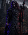 GRID THUMBNAIL — Armoured warlock with spiked staff before a crumbling gothic castle, lit by red and blue rim light under stormy twilight.
