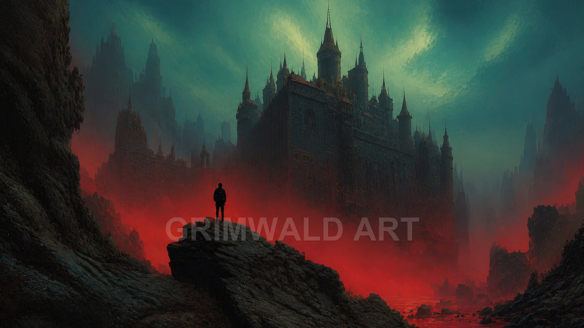 A lone figure stands on jagged rocks before a towering gothic castle, red mist flooding a shadowed valley under an eerie teal twilight sky.