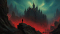 GRID THUMBNAIL — A lone figure stands on jagged rocks before a towering gothic castle, red mist flooding a shadowed valley under an eerie teal twilight sky.