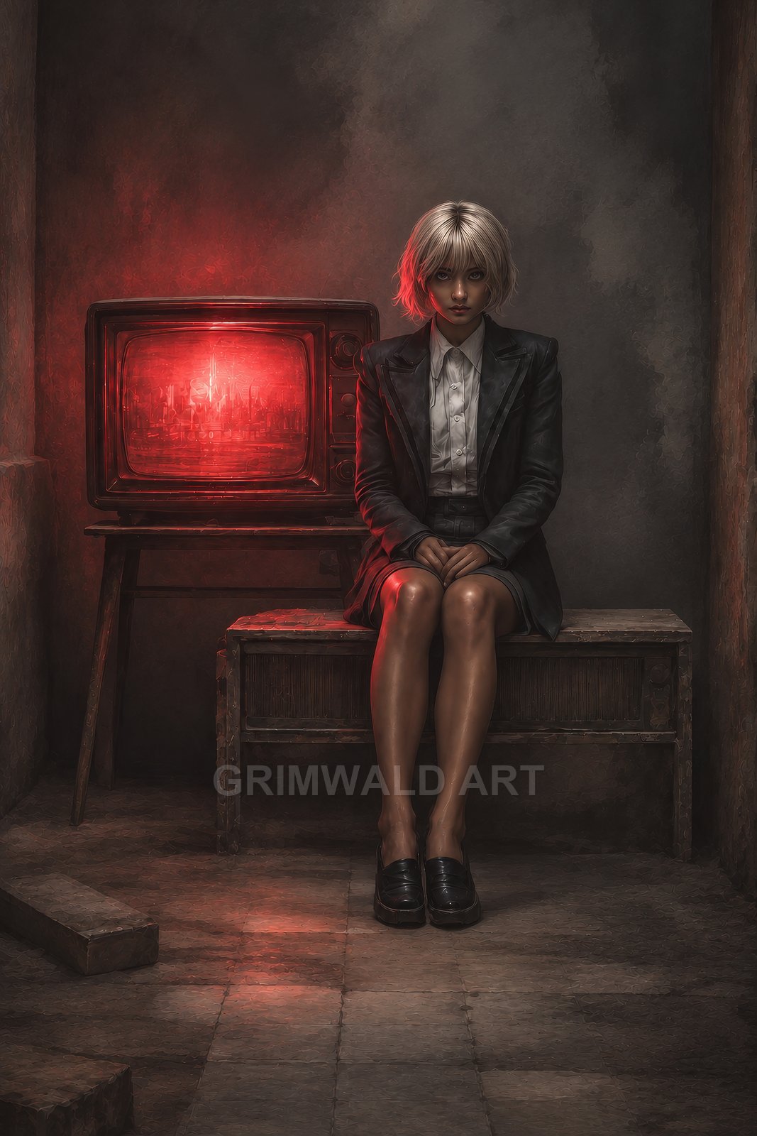 A young woman in a dark blazer sits on a bench beside a glowing red CRT television in a dim, worn interior.