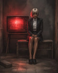 GRID THUMBNAIL — A young woman in a dark blazer sits on a bench beside a glowing red CRT television in a dim, worn interior.