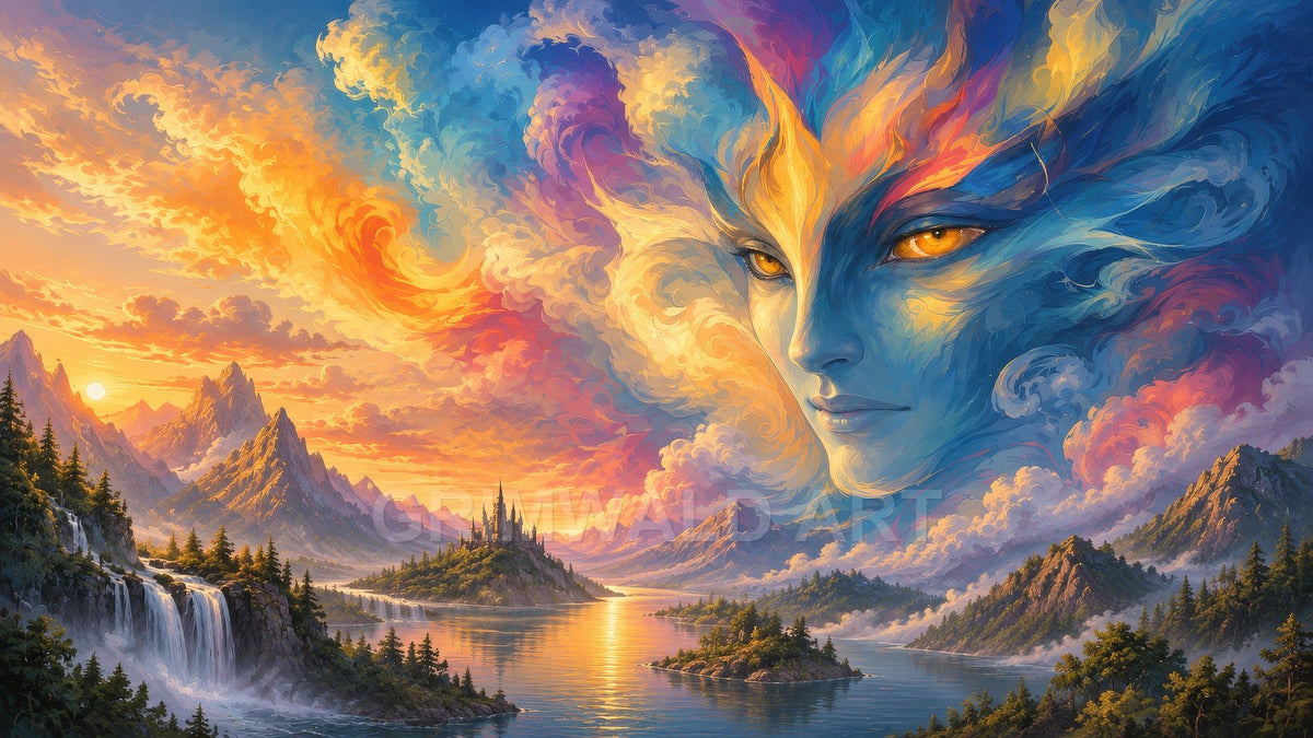 Vivid fantasy landscape with towering mountains, cascading waterfalls, island castle, and a colossal ethereal face forming in colourful sunset clouds over a reflective lake.