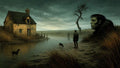 GRID THUMBNAIL — Moody marshland landscape with a small stone cottage, winding river, lone wanderer and dogs, and a colossal human-like head emerging from the hillside at twilight.