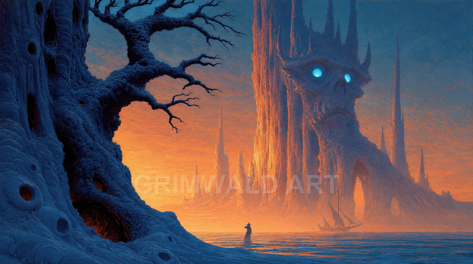 Surreal fantasy seascape with a gnarled dark tree, glowing-eyed skull-shaped citadel and small sailboat at sunset, with a lone robed figure on the shore.