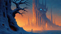 GRID THUMBNAIL — Surreal fantasy seascape with a gnarled dark tree, glowing-eyed skull-shaped citadel and small sailboat at sunset, with a lone robed figure on the shore.
