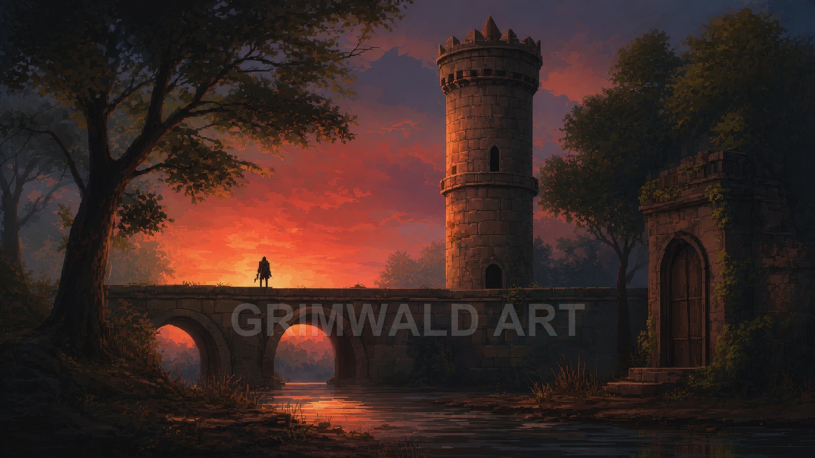 A round stone watchtower and ivy-clad gatehouse overlook a river and arched bridge at sunset, with a lone figure silhouetted.