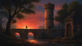 GRID THUMBNAIL — A round stone watchtower and ivy-clad gatehouse overlook a river and arched bridge at sunset, with a lone figure silhouetted.
