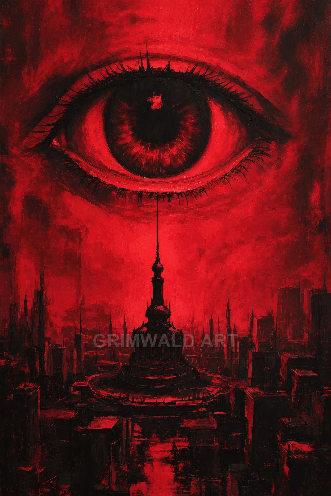 Ominous giant eye dominates a crimson sky above a dark, spired city, a central tower's needle aligned with the eye's pupil.