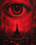 GRID THUMBNAIL — Ominous giant eye dominates a crimson sky above a dark, spired city, a central tower's needle aligned with the eye's pupil.