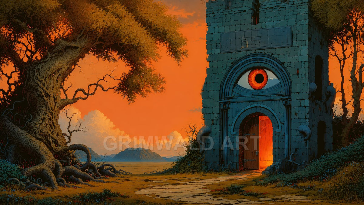 Stone tower with glowing doorway and single red eye above, beside a twisted old tree under orange sunset sky, with distant mountains.