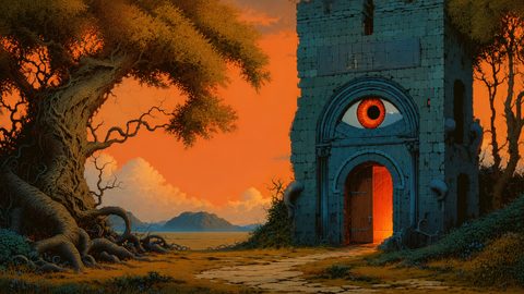 GRID THUMBNAIL — Stone tower with glowing doorway and single red eye above, beside a twisted old tree under orange sunset sky, with distant mountains.