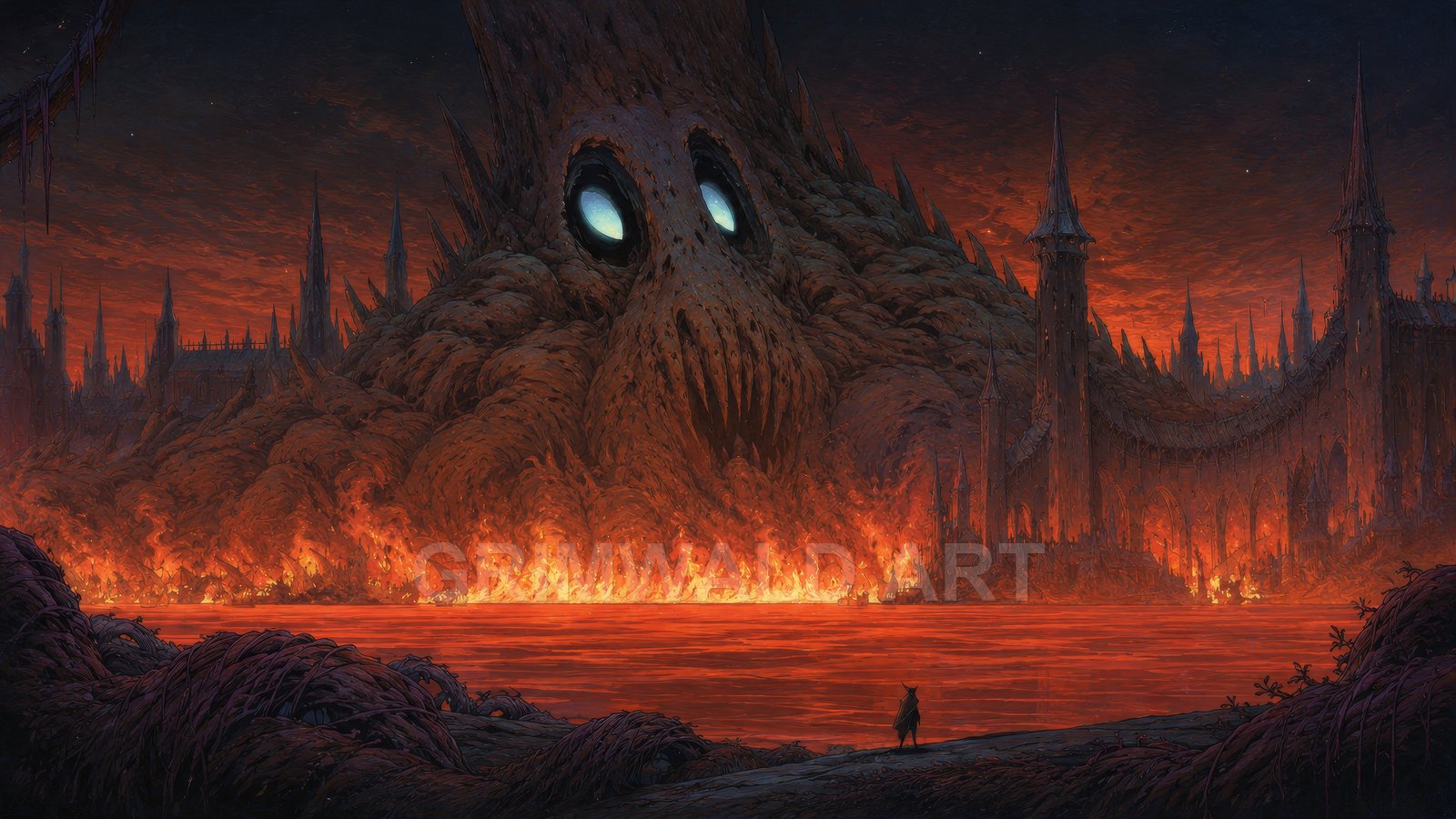 Dark fantasy landscape of a burning gothic city beside a red river, dominated by a colossal demon-faced mountain glowing under a firelit night sky.