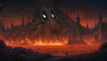 GRID THUMBNAIL — Dark fantasy landscape of a burning gothic city beside a red river, dominated by a colossal demon-faced mountain glowing under a firelit night sky.