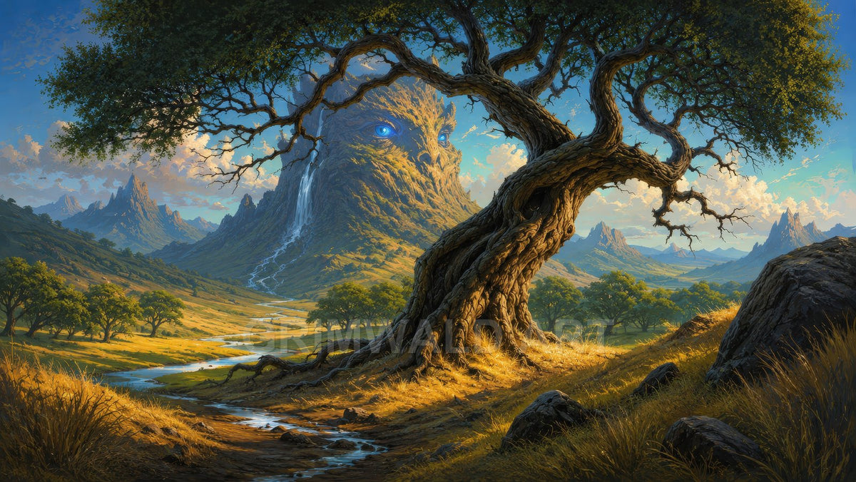 Golden-hour fantasy valley where a gnarled tree frames a living mountain face with glowing blue eyes, a cascading waterfall, and a winding river.