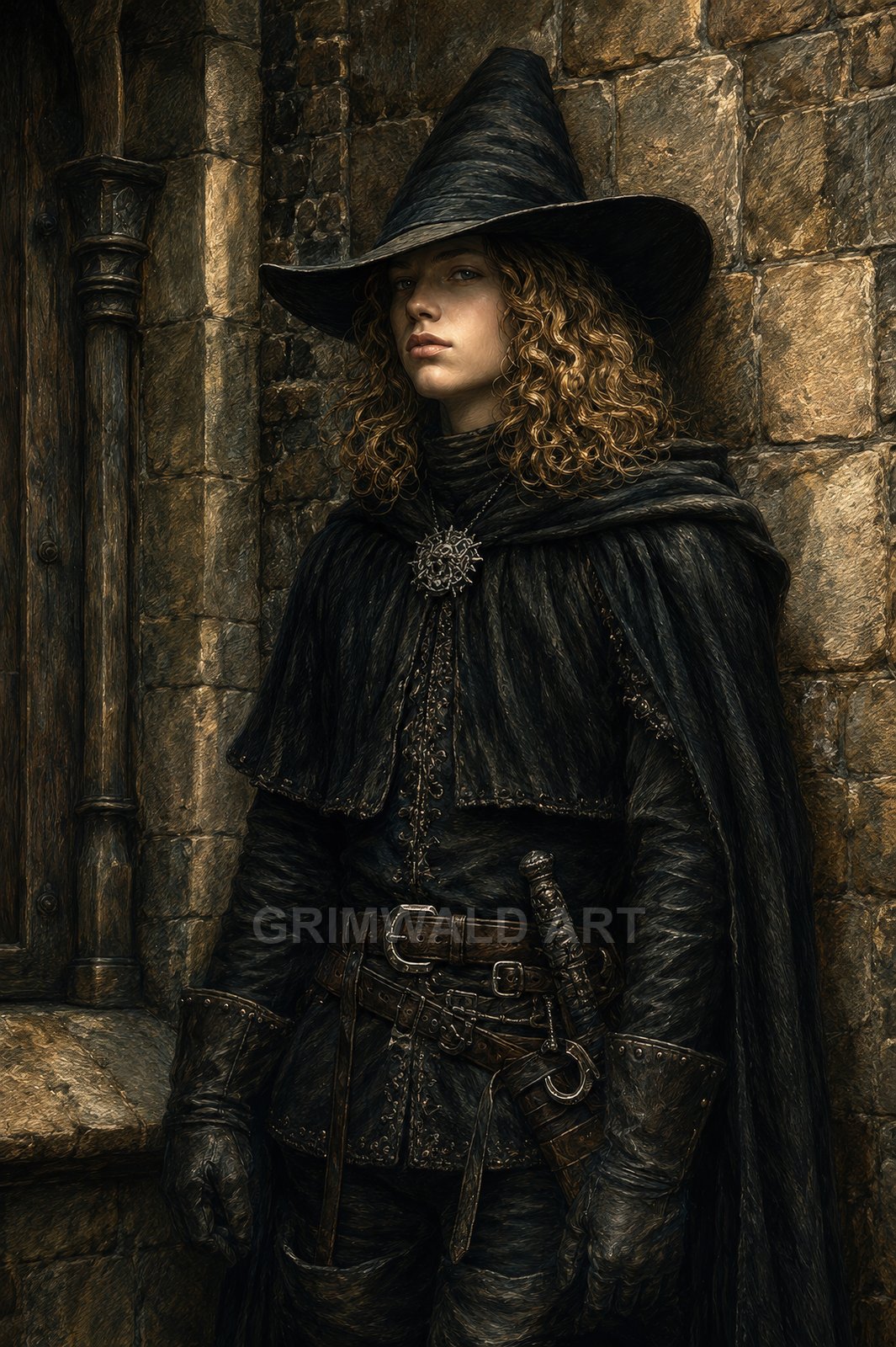 Androgynous wizard in black cloak and pointed hat stands against weathered castle wall, curly hair framing a calm face, sword at belt.