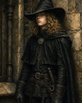 GRID THUMBNAIL — Androgynous wizard in black cloak and pointed hat stands against weathered castle wall, curly hair framing a calm face, sword at belt.