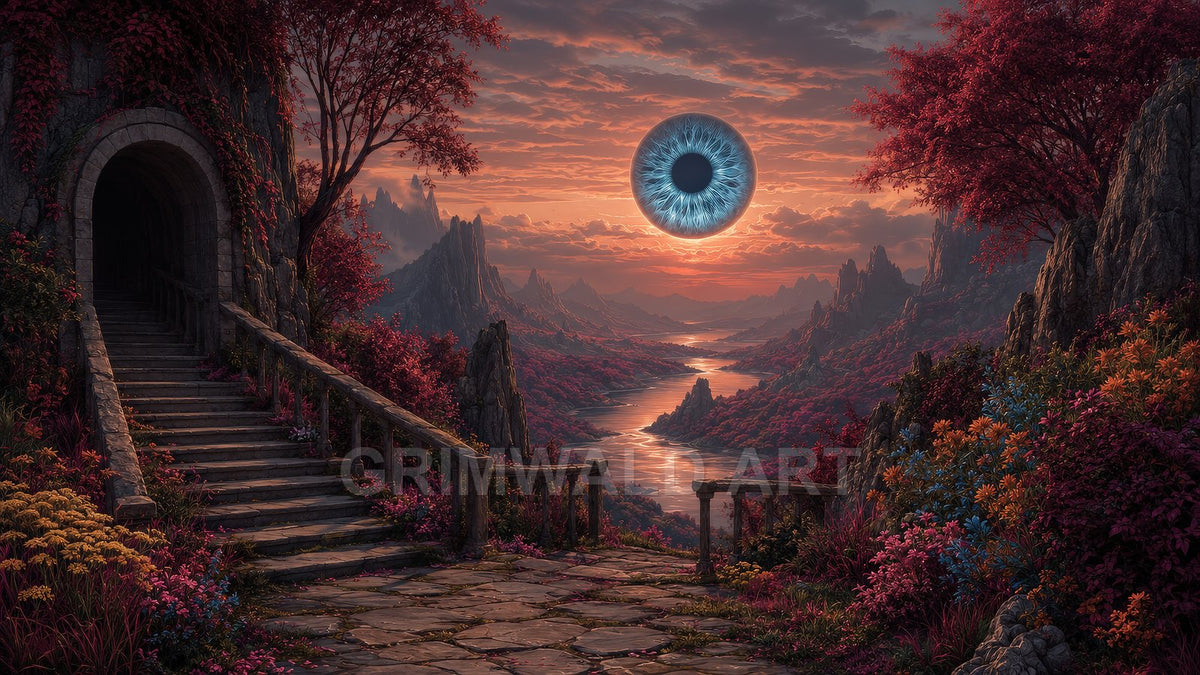 Fantasy valley at sunset with winding river, stone stair into an arched tunnel, crimson foliage, and a giant luminous blue eye floating above mountains.
