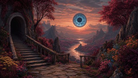 GRID THUMBNAIL — Fantasy valley at sunset with winding river, stone stair into an arched tunnel, crimson foliage, and a giant luminous blue eye floating above mountains.