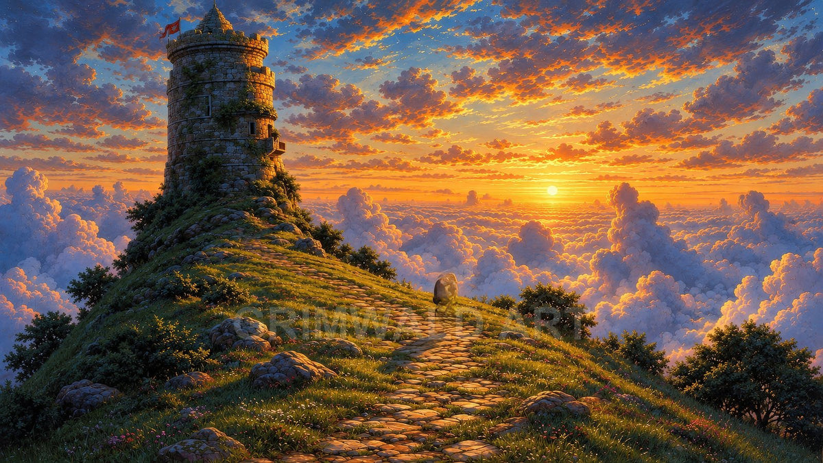 A stone watchtower on a grassy ridge overlooks a glowing sea of clouds at sunset, beside a winding cobblestone path.