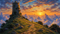 GRID THUMBNAIL — A stone watchtower on a grassy ridge overlooks a glowing sea of clouds at sunset, beside a winding cobblestone path.
