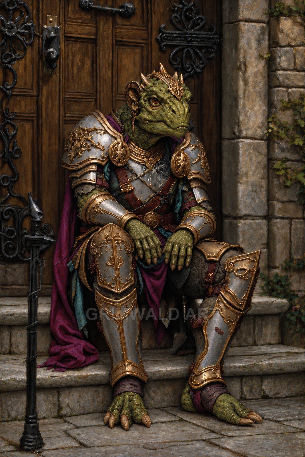 Ornate armoured lizard warrior crowned with gold rests on castle steps before a heavy wooden door, purple cloak and spear at side.