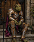 GRID THUMBNAIL — Ornate armoured lizard warrior crowned with gold rests on castle steps before a heavy wooden door, purple cloak and spear at side.