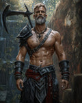 GRID THUMBNAIL — A grey-bearded, muscular barbarian stands in ancient overgrown ruins, wearing rugged armour and carrying a crescent-bladed axe, lit by warm daylight.