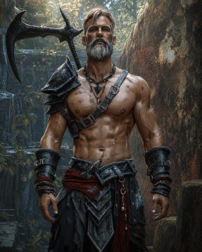 GRID THUMBNAIL — A grey-bearded, muscular barbarian stands in ancient overgrown ruins, wearing rugged armour and carrying a crescent-bladed axe, lit by warm daylight.