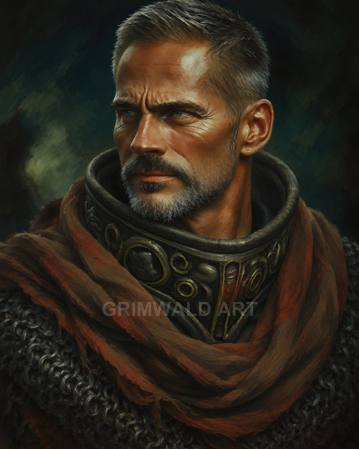 Portrait of a grey-bearded male knight in chainmail and ornate gorget, wrapped in a brown scarf, gazing left against a dark, painterly background.