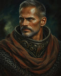 GRID THUMBNAIL — Portrait of a grey-bearded male knight in chainmail and ornate gorget, wrapped in a brown scarf, gazing left against a dark, painterly background.