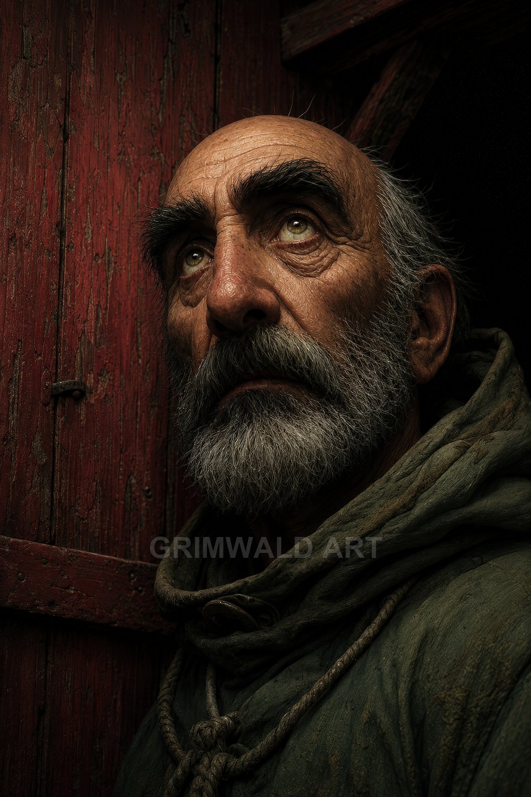 Close portrait of an elderly bearded man in a rope-fastened hood, looking upward beside a weathered red wooden door under warm, moody light.