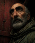 GRID THUMBNAIL — Close portrait of an elderly bearded man in a rope-fastened hood, looking upward beside a weathered red wooden door under warm, moody light.