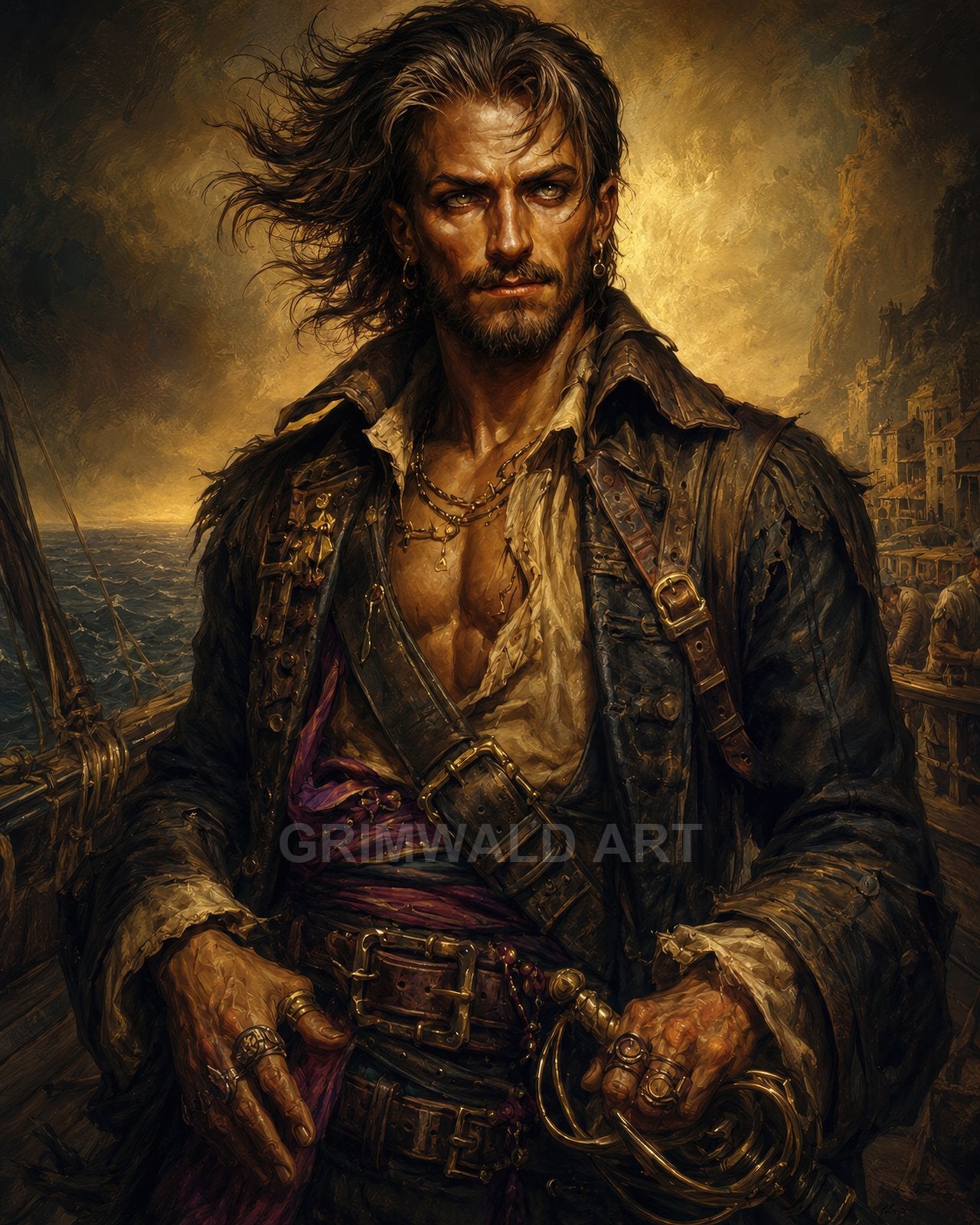 Rugged male pirate captain grips a gleaming cutlass on a ship's deck, golden-hour light over a coastal town and churning sea, windblown hair.