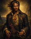 GRID THUMBNAIL — Rugged male pirate captain grips a gleaming cutlass on a ship's deck, golden-hour light over a coastal town and churning sea, windblown hair.