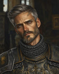 GRID THUMBNAIL — Realistic portrait of a silver-haired male knight in ornate steel armour and chainmail, standing in a dim castle interior.