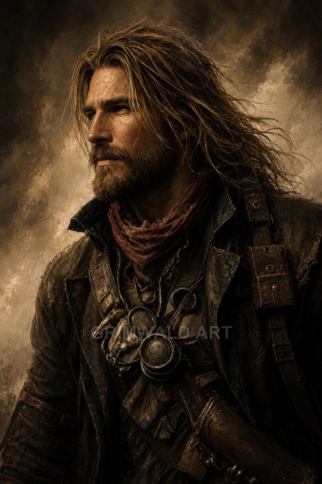 Bearded male adventurer in worn leather coat with goggles and straps, looking left against moody sepia clouds, steampunk fantasy portrait.