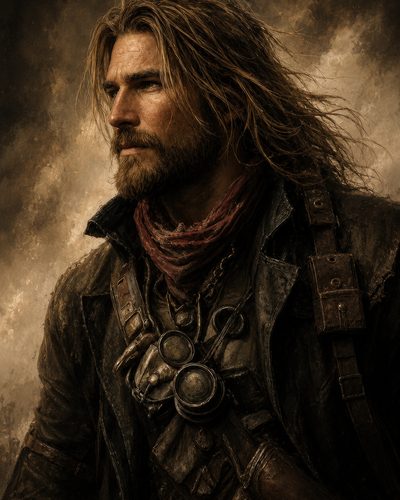 GRID THUMBNAIL — Bearded male adventurer in worn leather coat with goggles and straps, looking left against moody sepia clouds, steampunk fantasy portrait.