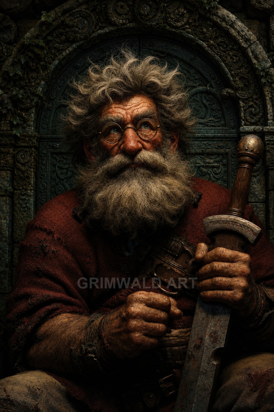 Elderly bearded man with round glasses holds a rusted sword before an ornate stone arch, lit warmly in a moody, detailed portrait.