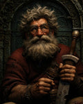 GRID THUMBNAIL — Elderly bearded man with round glasses holds a rusted sword before an ornate stone arch, lit warmly in a moody, detailed portrait.