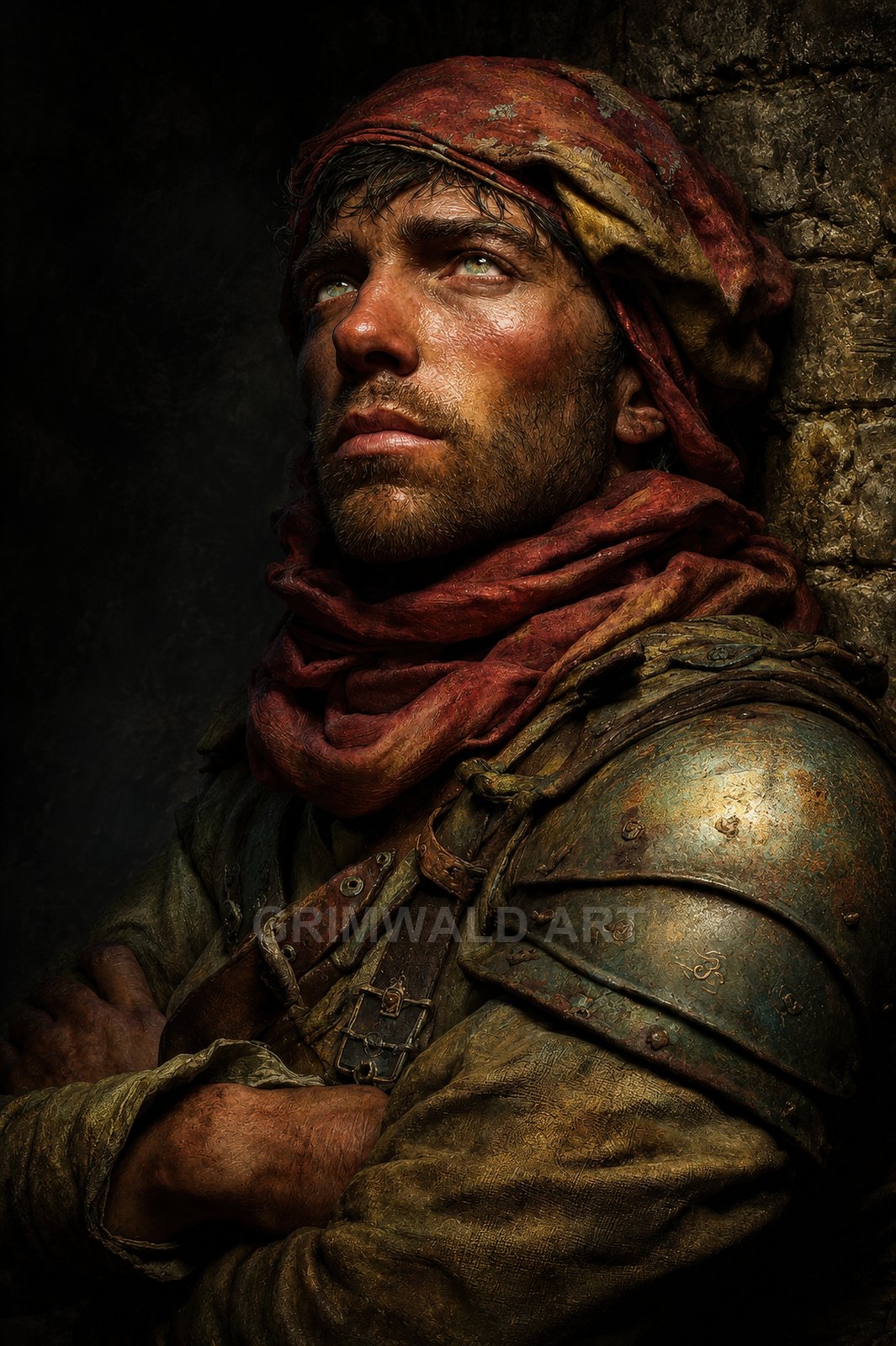 Gritty portrait of a male adventurer with red scarf and battered armour, arms crossed, firelit against a dark stone wall.