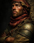 GRID THUMBNAIL — Gritty portrait of a male adventurer with red scarf and battered armour, arms crossed, firelit against a dark stone wall.