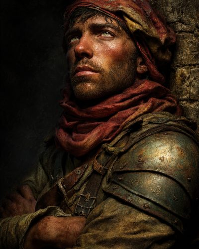 GRID THUMBNAIL — Gritty portrait of a male adventurer with red scarf and battered armour, arms crossed, firelit against a dark stone wall.