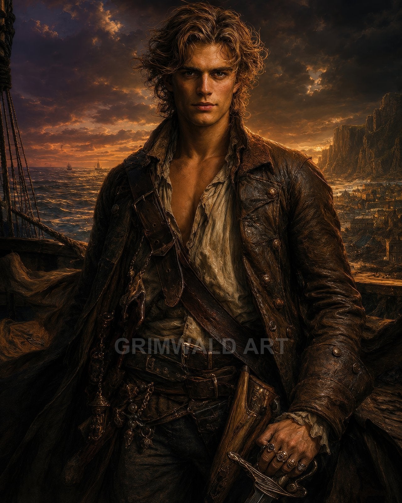 A rugged male pirate in a weathered leather coat holds a sword on a ship, with sunset harbour, cliffs and stormy clouds behind.