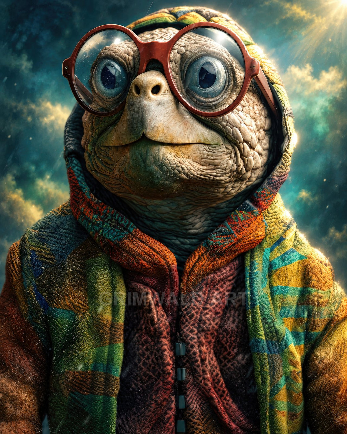 Close-up portrait of an anthropomorphic tortoise wearing oversized round glasses and a colourful patchwork hood, bathed in warm sunbeams against a dreamy sky.
