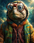 GRID THUMBNAIL — Close-up portrait of an anthropomorphic tortoise wearing oversized round glasses and a colourful patchwork hood, bathed in warm sunbeams against a dreamy sky.