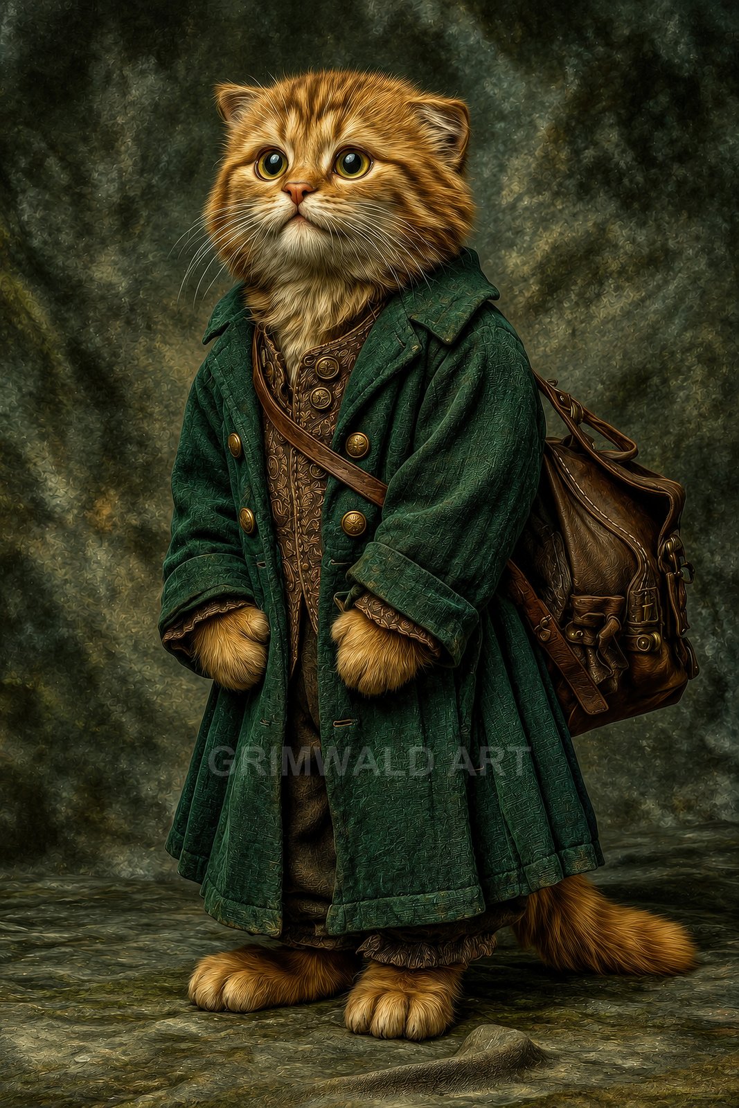 Anthropomorphic ginger cat wearing a long green coat and embroidered waistcoat, with a leather satchel, stands posed against a textured, painterly studio backdrop.