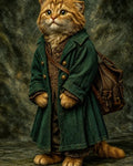 GRID THUMBNAIL — Anthropomorphic ginger cat wearing a long green coat and embroidered waistcoat, with a leather satchel, stands posed against a textured, painterly studio backdrop.