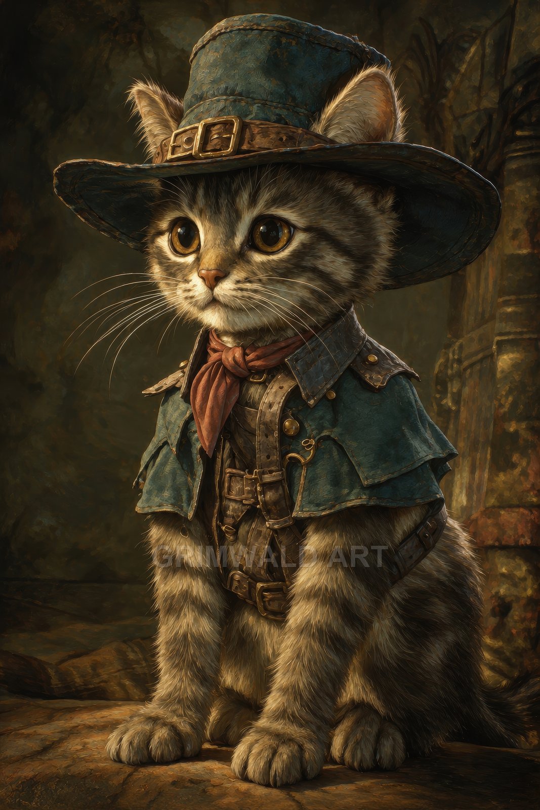 Anthropomorphic tabby cat wearing a wide-brimmed teal hat, red scarf and leather adventurer gear, seated against ancient stone ruins in warm firelit tones.